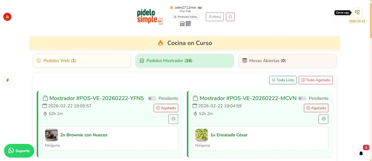 Cocina: pedidos de web, mostrador y mesas