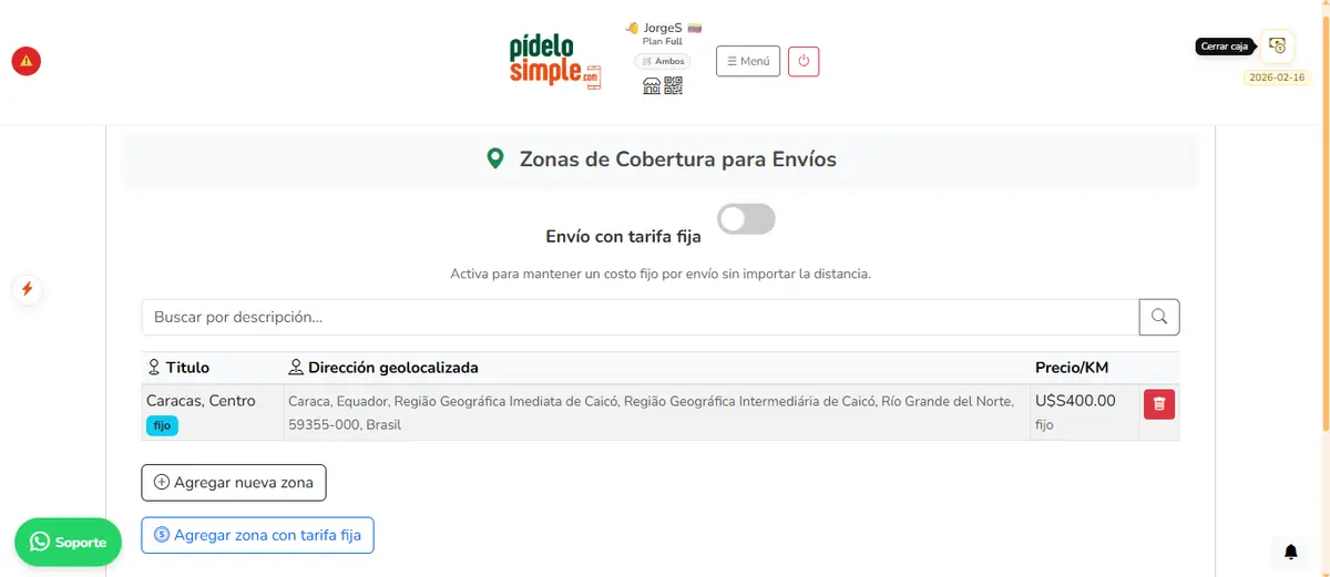 Zonas de entrega: por km y fija